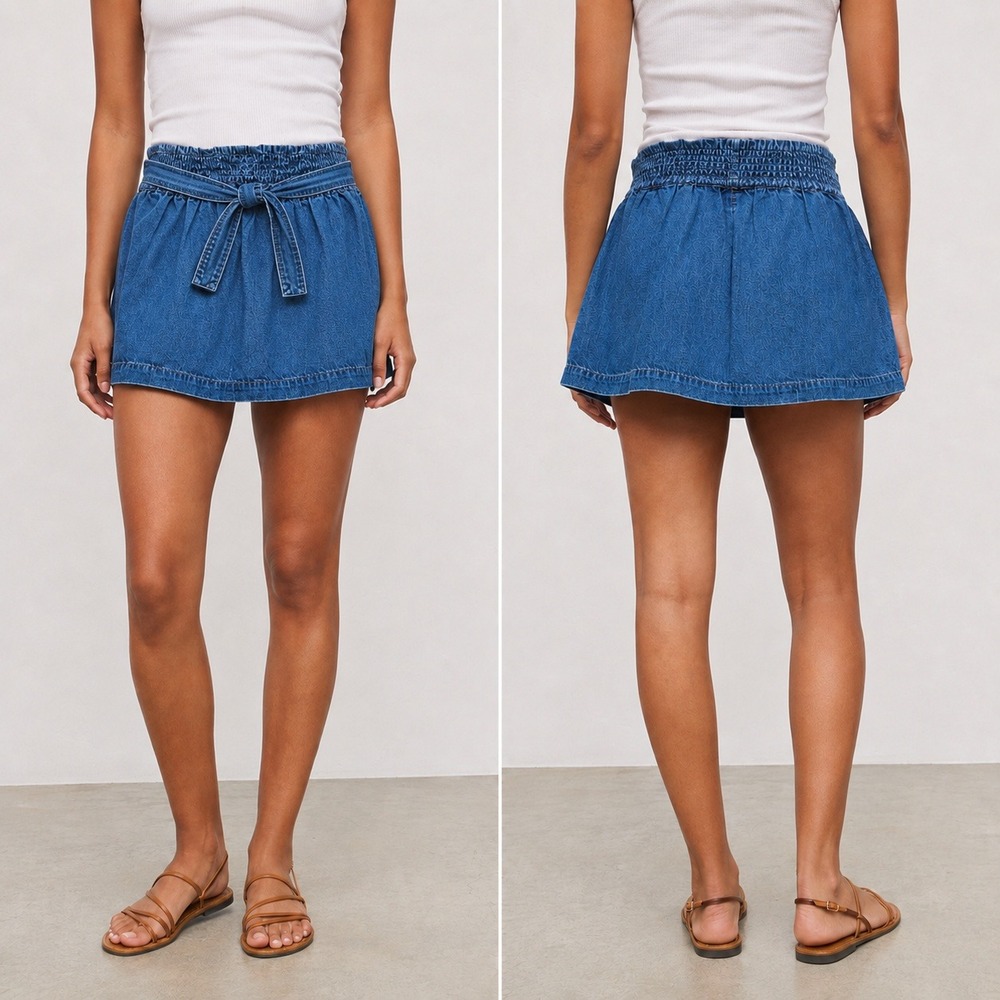 Madewell Denim Mini Skirt‎ Blue Smocked Elastic Waist Tie Belt Cotton Womens S